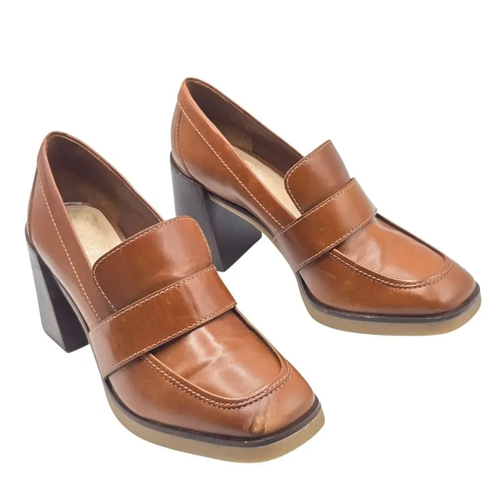 Vince Camuto Women's Cognac Pumps Ezerna Slip On Leather Heeled Loafers Size‎ 8M